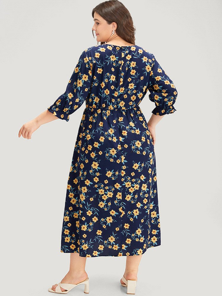 Plus Size Indigo Floral Print Pocket V Neck Wrap Split Hem Jumpsuit Women Elegant Half Sleeve V-neck Dailywear Loose Jumpsuits BloomChic 14-16/1X 