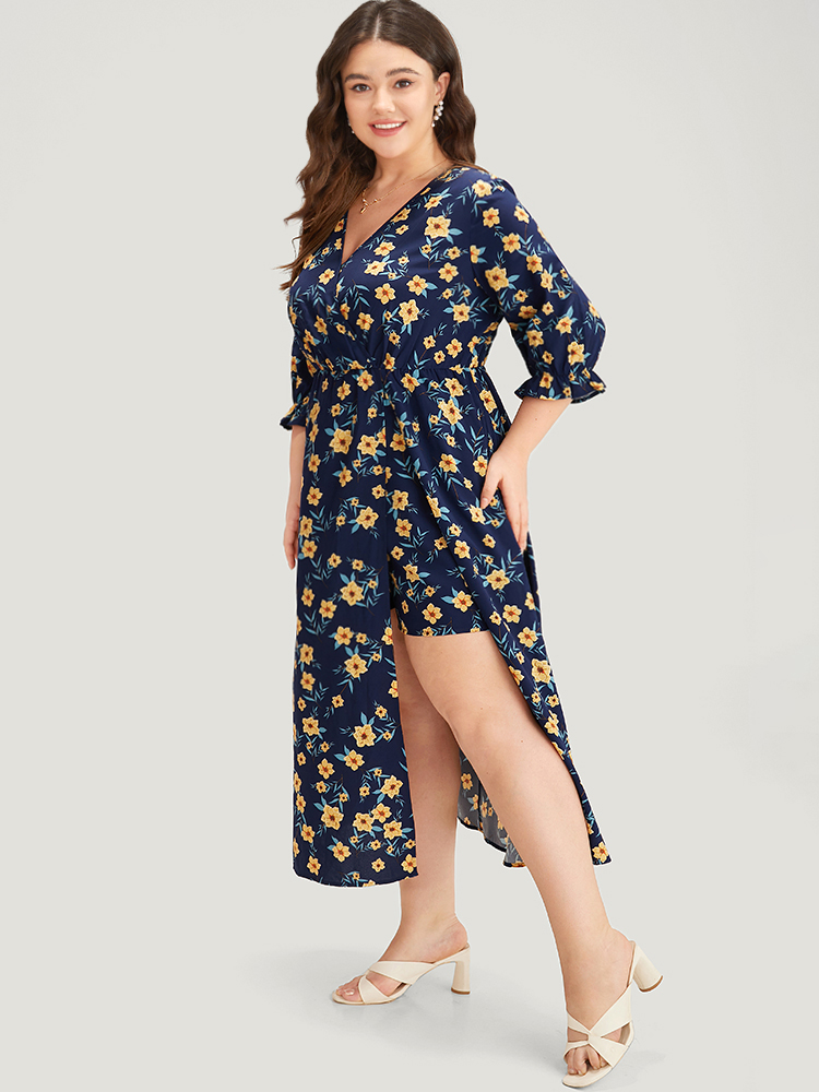 Plus Size Indigo Floral Print Pocket V Neck Wrap Split Hem Jumpsuit Women Elegant Half Sleeve V-neck Dailywear Loose Jumpsuits BloomChic 14-16/1X 