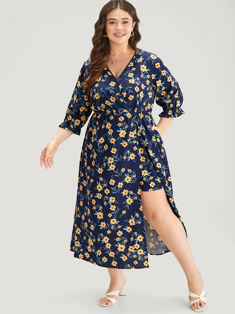 

Plus Size Indigo Floral Print Pocket V Neck Wrap Split Hem Jumpsuit Women Elegant Half Sleeve V-neck Dailywear Loose Jumpsuits BloomChic