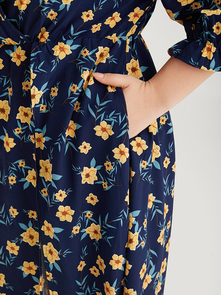 Plus Size Indigo Floral Print Pocket V Neck Wrap Split Hem Jumpsuit Women Elegant Half Sleeve V-neck Dailywear Loose Jumpsuits BloomChic 14-16/1X 