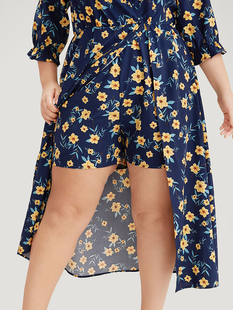 Plus Size Indigo Floral Print Pocket V Neck Wrap Split Hem Jumpsuit Women Elegant Half Sleeve V-neck Dailywear Loose Jumpsuits BloomChic 14-16/1X 