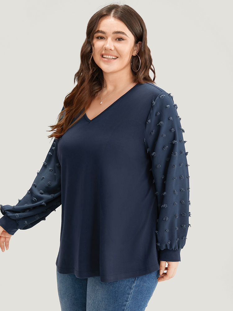 Plus Size Solid V Neck Patchwork Elastic Cuffs Sweatshirt Women Blue Elegant Elastic cuffs V-neck Dailywear Sweatshirts BloomChic 18-20/2X 
