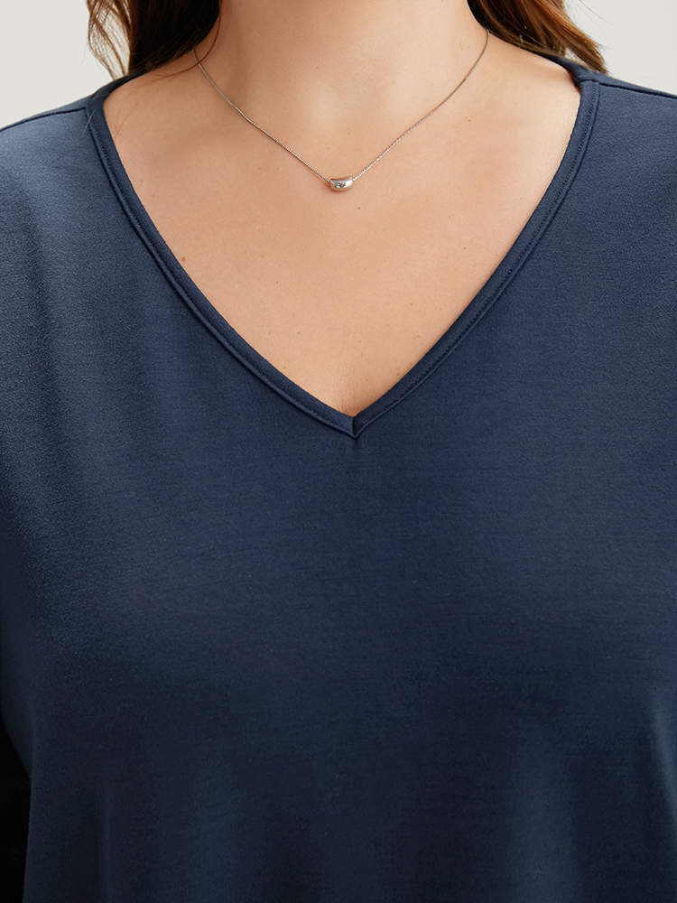 Plus Size Solid V Neck Patchwork Elastic Cuffs Sweatshirt Women Blue Elegant Elastic cuffs V-neck Dailywear Sweatshirts BloomChic 18-20/2X 