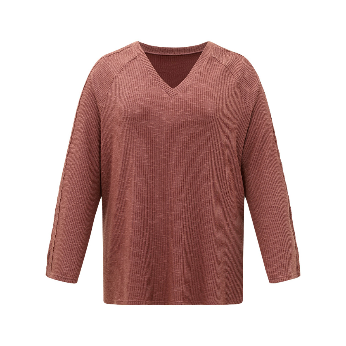 

Plus Size Rib Knit Lace Panel Raglan Sleeve T-shirt DustyPink Women Elegant Texture Plain V-neck Dailywear T-shirts BloomChic