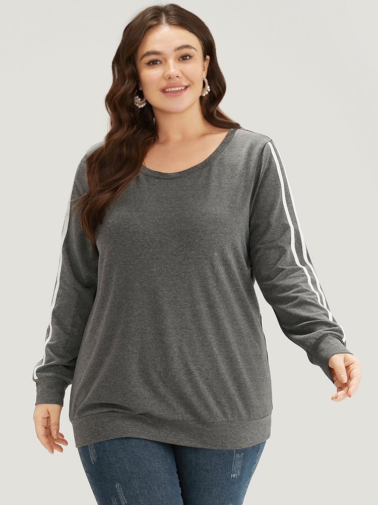 

Plus Size Contrast Trim Crew Neck Sweatshirt Women Gray Casual Elastic cuffs Round Neck Everyday Sweatshirts BloomChic