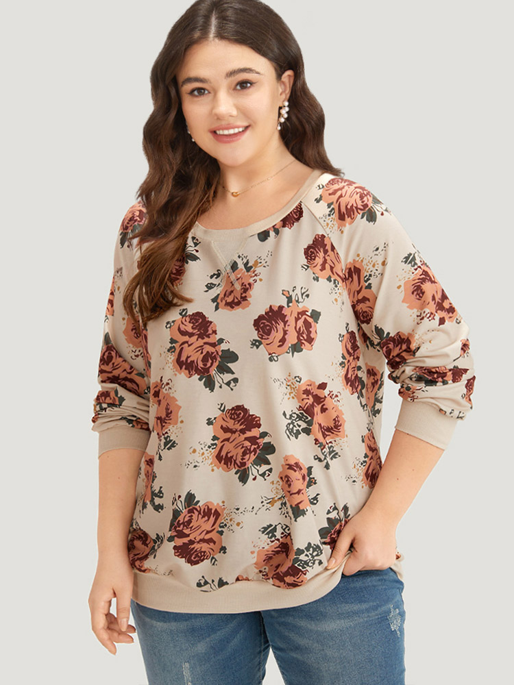 

Plus Size Floral Print Raglan Sleeve Stitch Sweatshirt Women Multicolor Casual Elastic cuffs Round Neck Dailywear Sweatshirts BloomChic