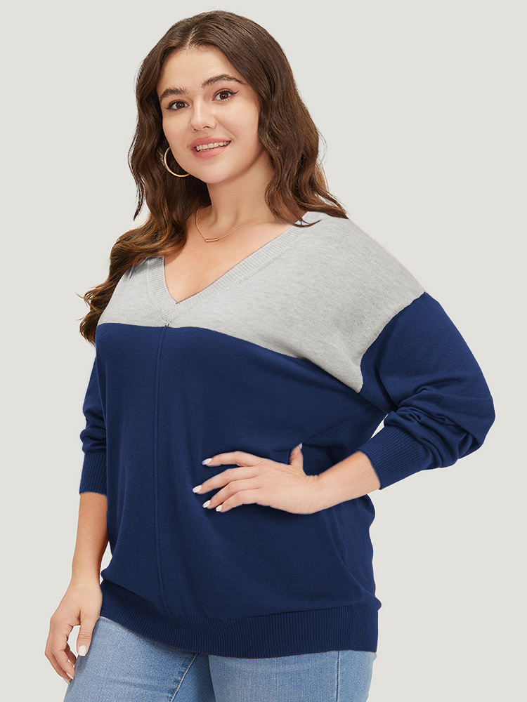 

Plus Size Supersoft Essentials Colorblock Two Tone Patchwork V Neck Pullover Navy Women Casual Loose Long Sleeve V-neck Dailywear Pullovers BloomChic