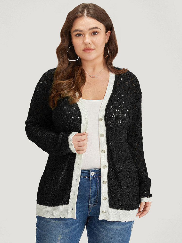 

Plus Size Two Tone Patchwork Cut Out Button Down Cardigan Black Women Casual Loose Long Sleeve Work Cardigans BloomChic