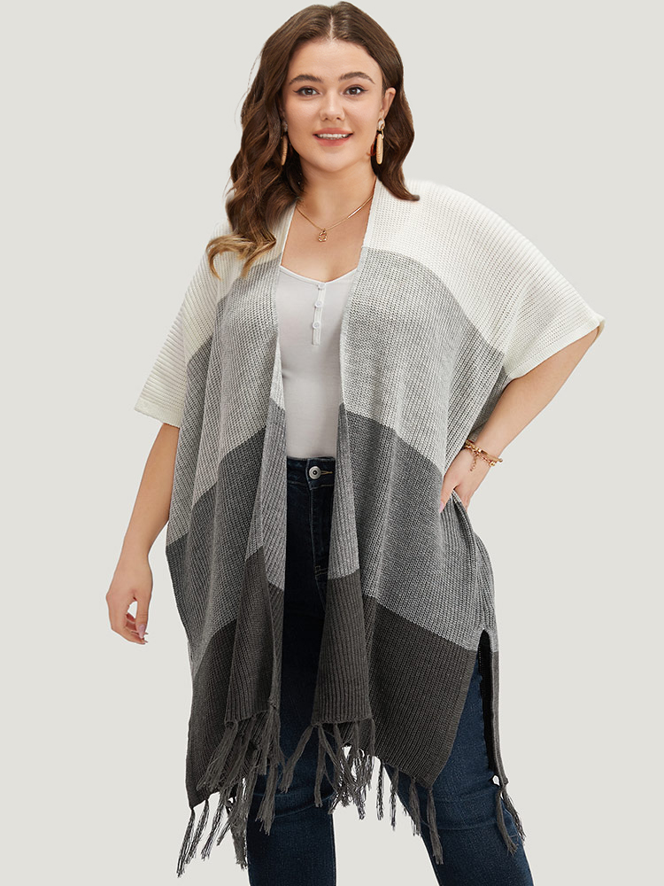 Plus Size Cardigans | Colorblock Fringe Trim Batwing Sleeve Split Side Cardigan | BloomChic 