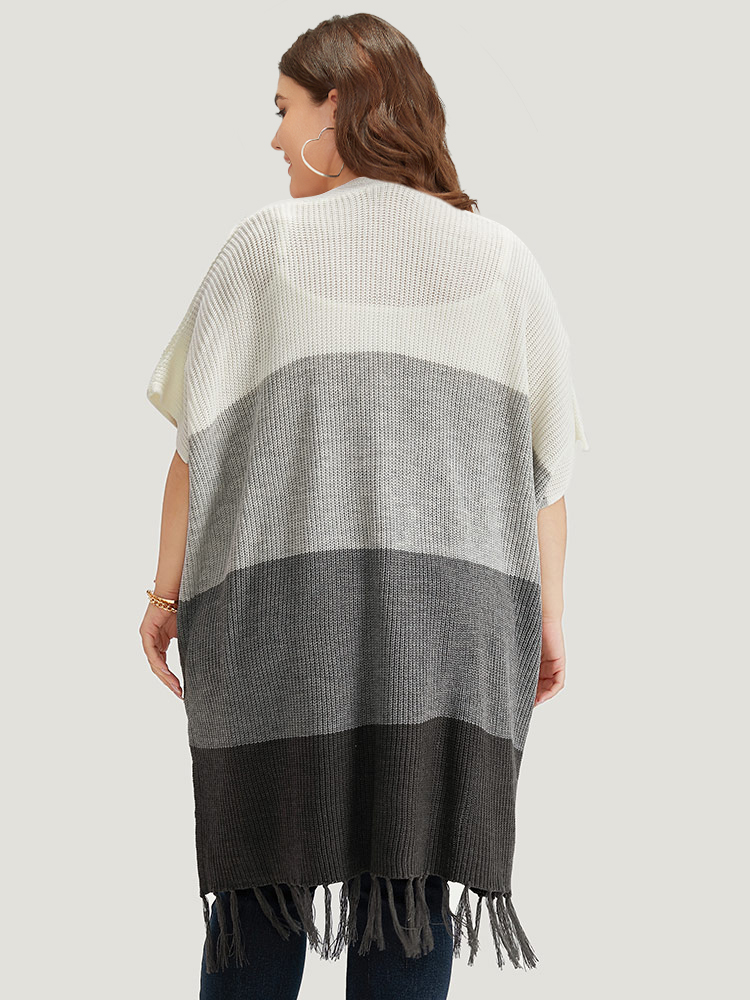 Plus Size Cardigans | Colorblock Fringe Trim Batwing Sleeve Split Side Cardigan | BloomChic 