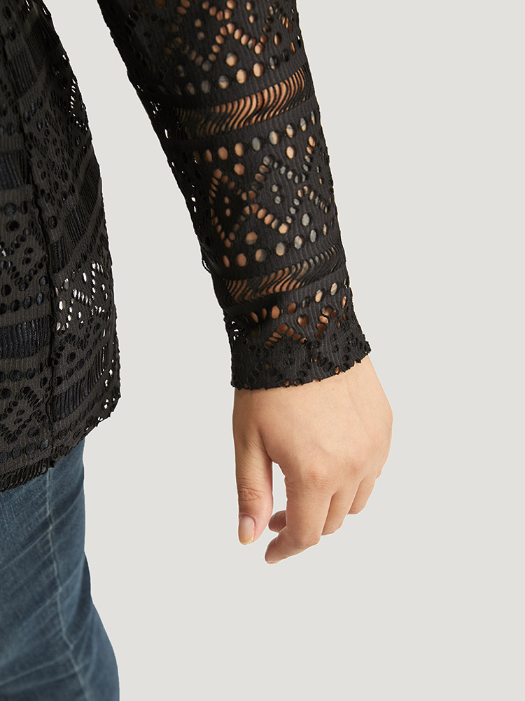 Plus Size Halloween Plain Geometric Eyelet V Neck T-shirt Black Women Casual Plain Plain V-neck Festival-Halloween T-shirts BloomChic 12/L 