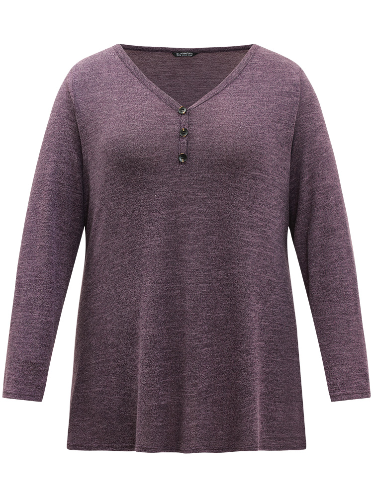 

Plus Size Heather Button Up Long Sleeve T-shirt Purple Women Casual Heather Plain V-neck Everyday T-shirts BloomChic