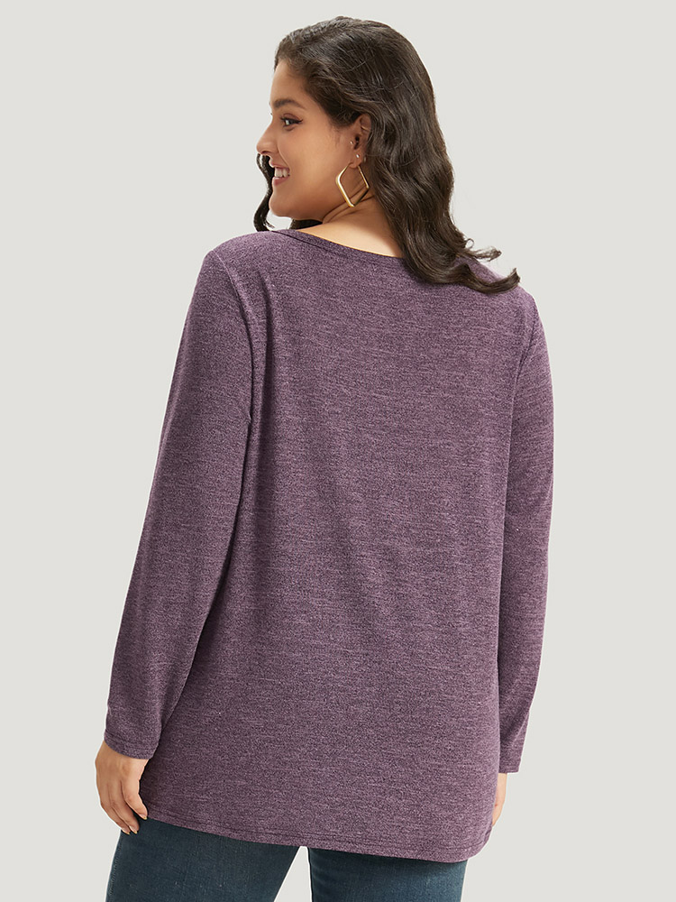 

Plus Size Heather Button Up Long Sleeve T-shirt Purple Women Casual Heather Plain V-neck Everyday T-shirts BloomChic