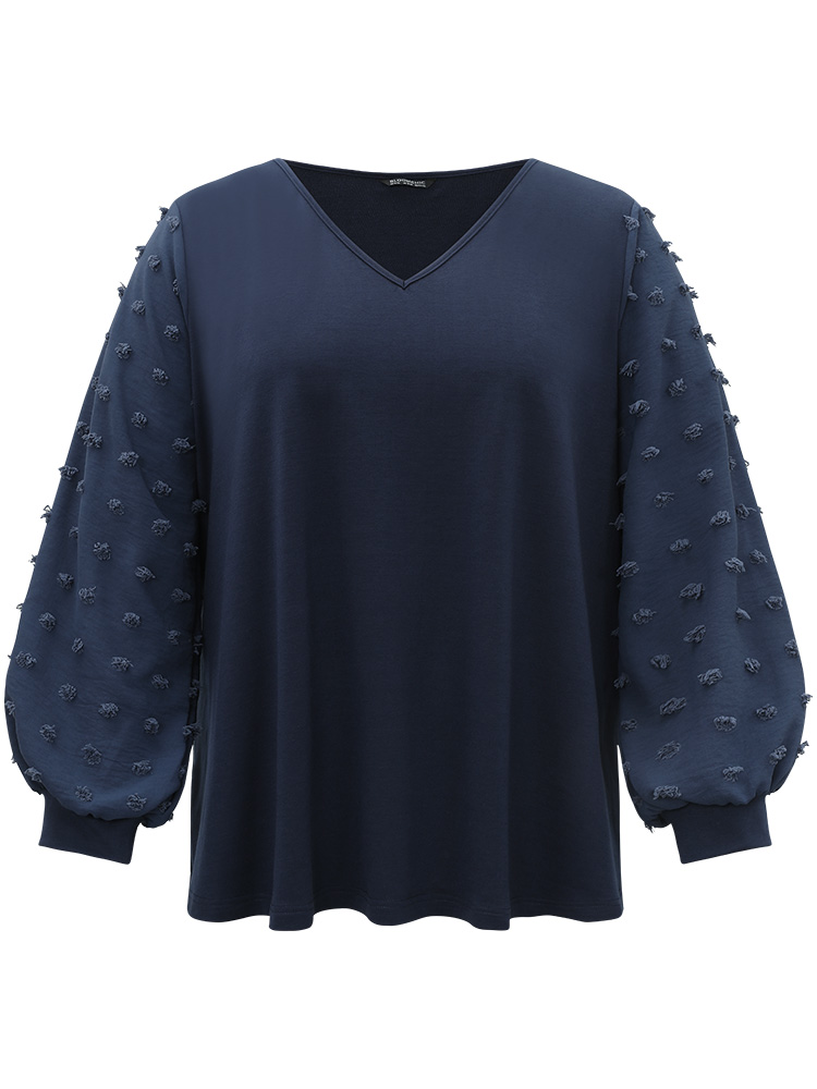 Plus Size Solid V Neck Patchwork Elastic Cuffs Sweatshirt Women Blue Elegant Elastic cuffs V-neck Dailywear Sweatshirts BloomChic 18-20/2X 