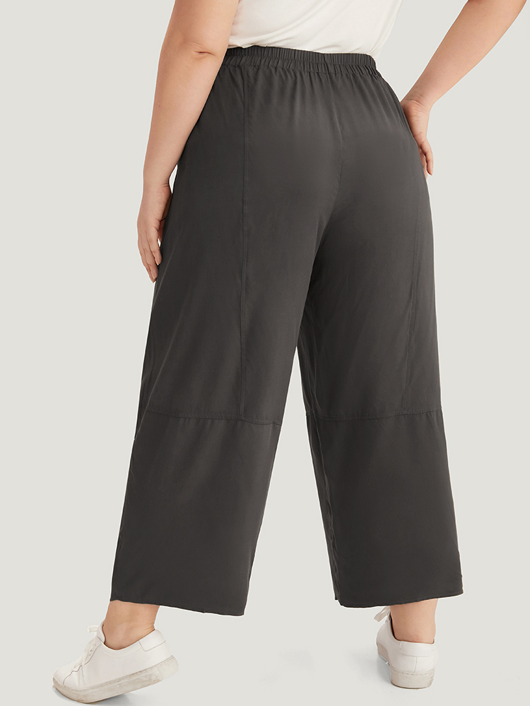 Plus Size Plain Elastic Waist Ties Pocket Pants Women DarkBrown Casual Straight Leg High Rise Dailywear Pants BloomChic 10/M 