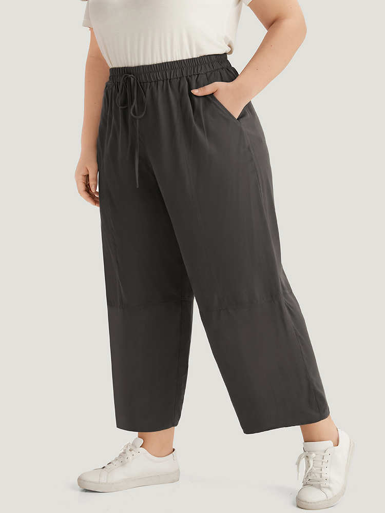 Plus Size Plain Elastic Waist Ties Pocket Pants Women DarkBrown Casual Straight Leg High Rise Dailywear Pants BloomChic 10/M 