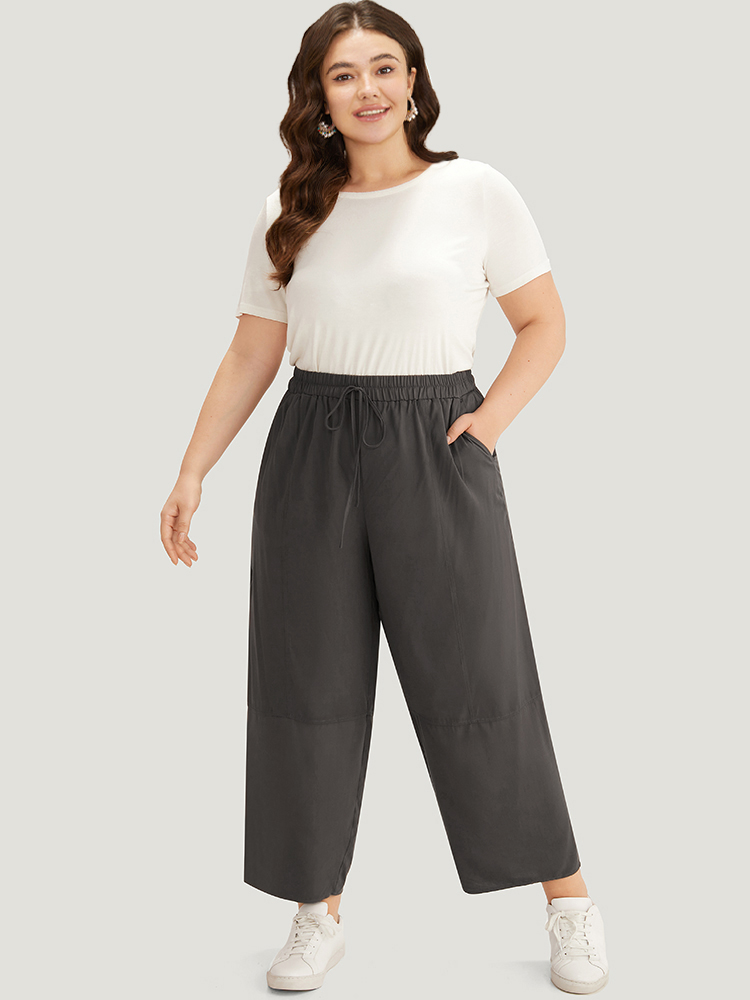 Plus Size Plain Elastic Waist Ties Pocket Pants Women DarkBrown Casual Straight Leg High Rise Dailywear Pants BloomChic 10/M 