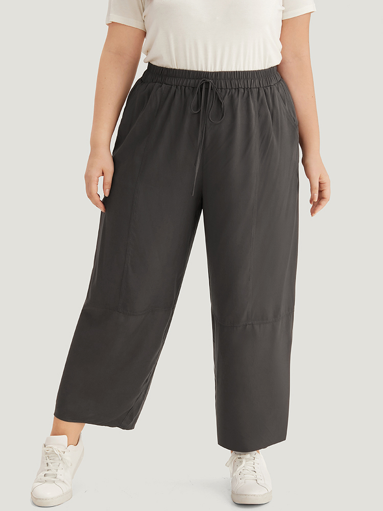 Plus Size Plain Elastic Waist Ties Pocket Pants Women DarkBrown Casual Straight Leg High Rise Dailywear Pants BloomChic 10/M 