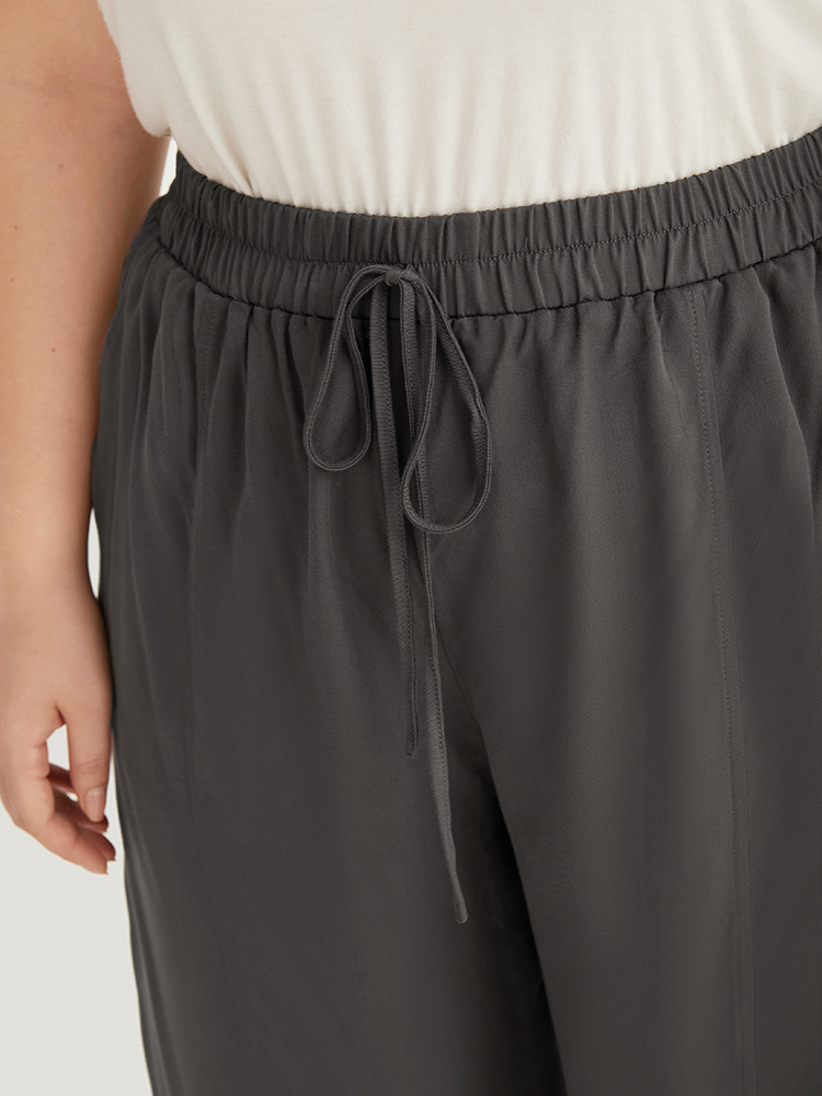 Plus Size Plain Elastic Waist Ties Pocket Pants Women DarkBrown Casual Straight Leg High Rise Dailywear Pants BloomChic 10/M 