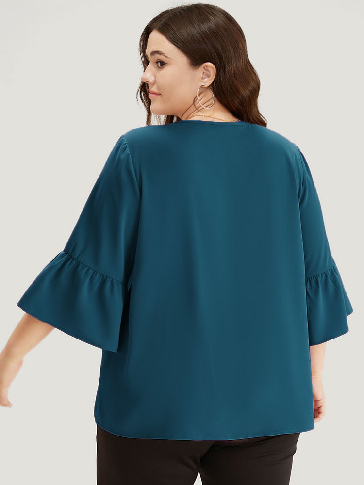 Plus Size Cyan Plain Keyhole Bell Sleeve Button Detail Blouse Women Office Elbow-length sleeve V-neck Work Blouses BloomChic 18-20/2X 
