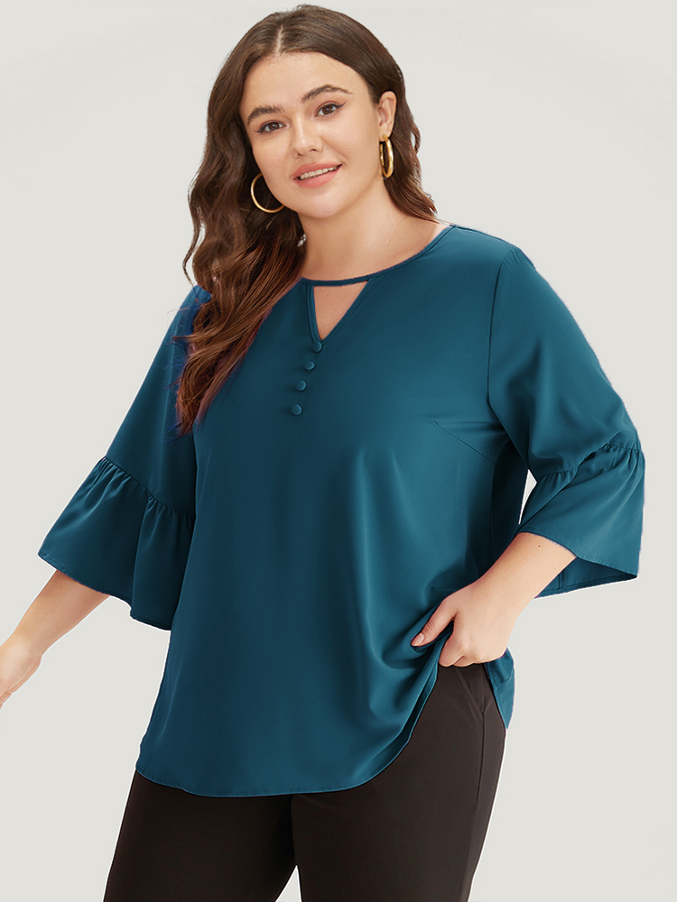 Plus Size Cyan Plain Keyhole Bell Sleeve Button Detail Blouse Women Office Elbow-length sleeve V-neck Work Blouses BloomChic 18-20/2X 