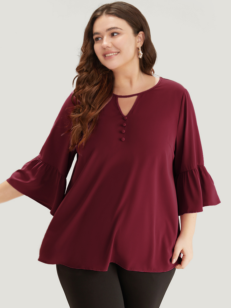 

Plus Size Scarlet Plain Keyhole Bell Sleeve Button Detail Blouse Women Office Elbow-length sleeve V-neck Work Blouses BloomChic