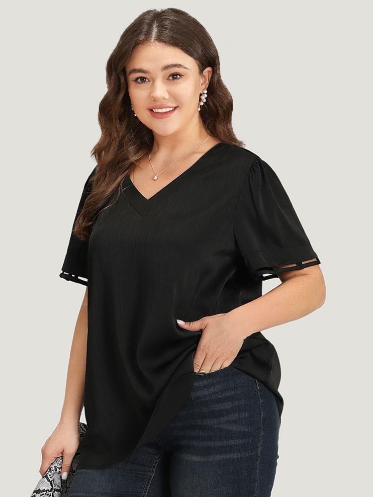Plus Size Black Plain Cut Out V Neck Blouse Women Office Short sleeve V-neck Work Blouses BloomChic 26/4X 