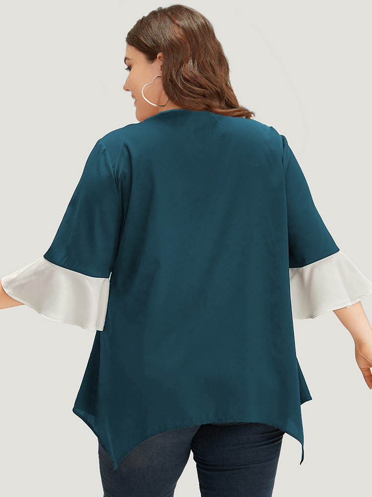 Plus Size Cyan Anti-Wrinkle Contrast Zip Up Flutter Sleeve Hanky Hem Blouse Women Office Half Sleeve Round Neck Work Blouses BloomChic 18-20/2X 