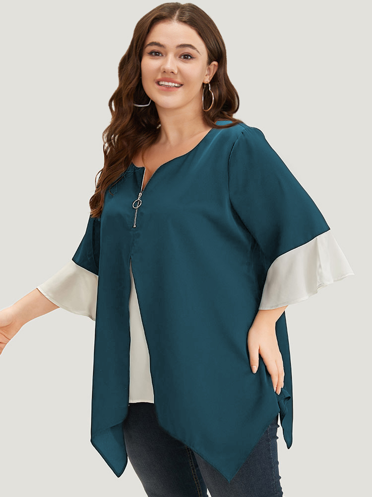 

Plus Size Cyan Anti-Wrinkle Contrast Zip Up Flutter Sleeve Hanky Hem Blouse Women Office Half Sleeve Round Neck Work Blouses BloomChic