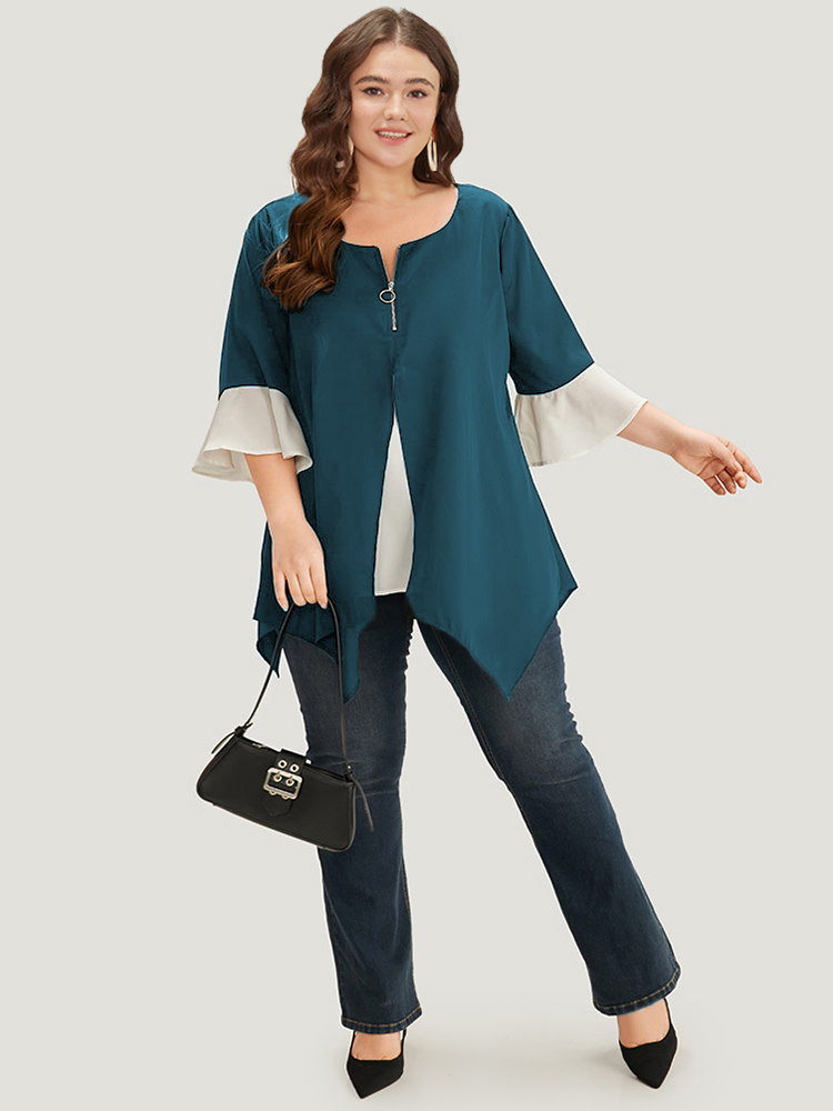 Plus Size Cyan Anti-Wrinkle Contrast Zip Up Flutter Sleeve Hanky Hem Blouse Women Office Half Sleeve Round Neck Work Blouses BloomChic 18-20/2X 