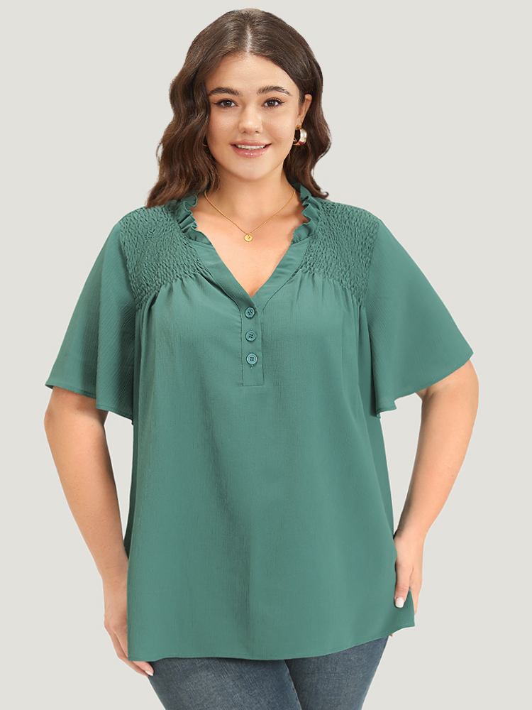 

Plus Size Aegean Plain Shirred Button Through Frill Trim Stand Collar Blouse Women Elegant Short sleeve V-neck Dailywear Blouses BloomChic