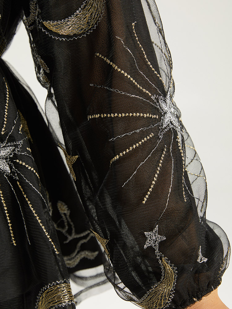 

Plus Size Black Halloween Star Elastic Waist Mesh Patchwork Lantern Sleeve Blouses Women Elegant Long Sleeve Round Neck Festival-Halloween Blouses BloomChic