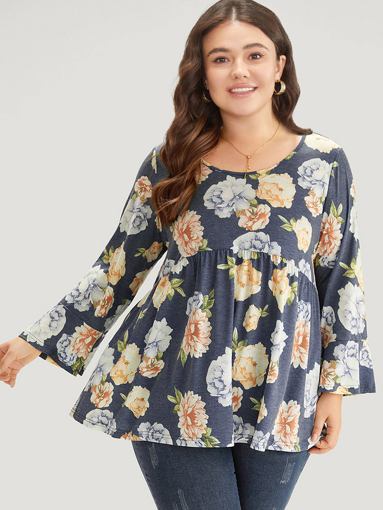 

Plus Size Floral Print Crew Neck Gathered Flutter Hem Bell Sleeve T-shirt Indigo Round Neck Long Sleeve Elegant Jersey Tops