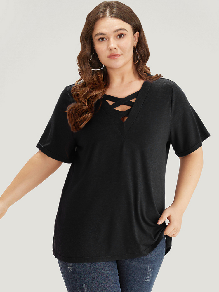 

Plus Size Plain Heather Crisscross V Neck T-shirt Black Women Casual Heather Plain V-neck Dailywear T-shirts BloomChic