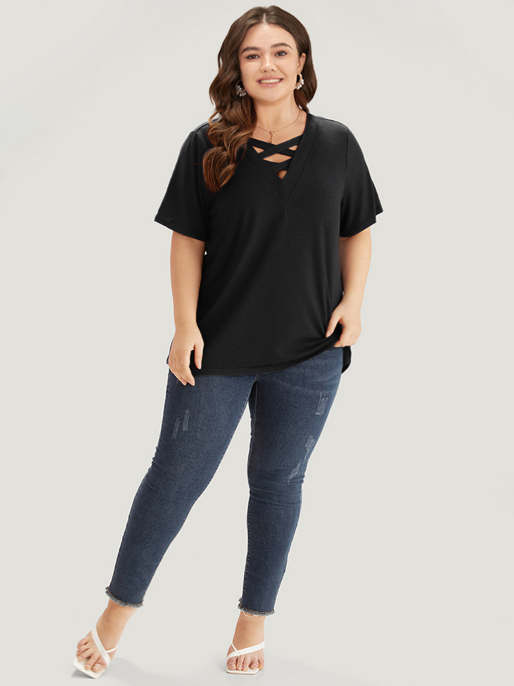 

Plus Size Plain Heather Crisscross V Neck T-shirt Black Women Casual Heather Plain V-neck Dailywear T-shirts BloomChic