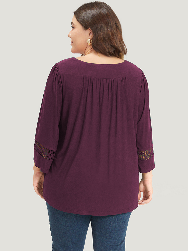 

Plus Size Plain Cut Out Gathered Patchwork T-shirt Burgundy Round Neck Half Sleeve Elegant Jersey Tops