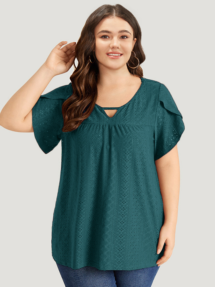 

Plus Size Plain Geometric Eyelet Keyhole Petal Sleeve T-shirt Cerulean Keyhole Cut-Out Short sleeve Elegant Jersey Tops