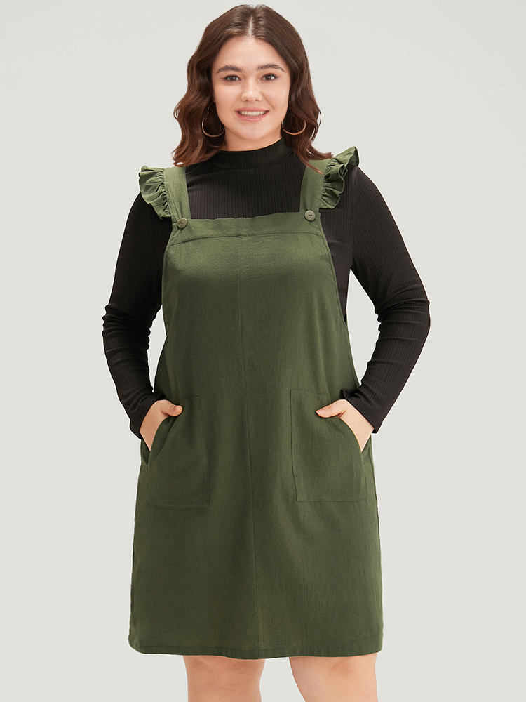 

Plus Size Solid Square Neck Button Up Pocket Ruffle Trim Cami Dress ArmyGreen Women Casual Plain Spaghetti Strap Sleeveless Curvy Knee Dress BloomChic