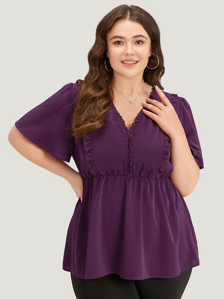 

Plus Size Purple Anti-Wrinkle Plain Frill Trim Flutter Sleeve Blouse Women Office Short sleeve V-neck Work Blouses BloomChic