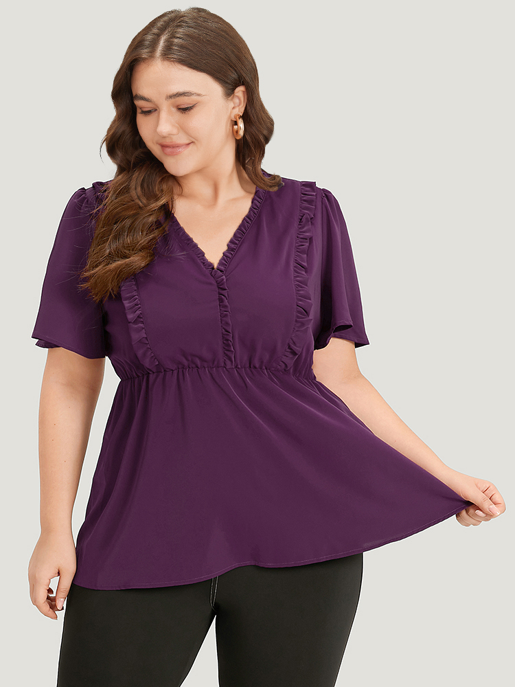 

Plus Size Purple Anti-Wrinkle Plain Frill Trim Flutter Sleeve Blouse Women Office Short sleeve V-neck Work Blouses BloomChic