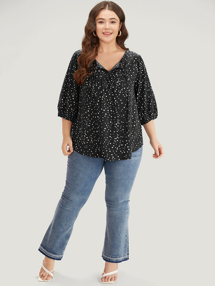 

Plus Size Black Polka Dot Knot Neck Arc Hem Blouse Women Elegant Elbow-length sleeve Tie Neck Dailywear Blouses BloomChic