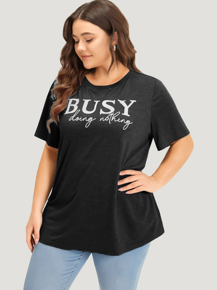 Plus Size Women Dailywear Letter Plain Regular Sleeve Short sleeve Round Neck Casual T-shirts BloomChic 