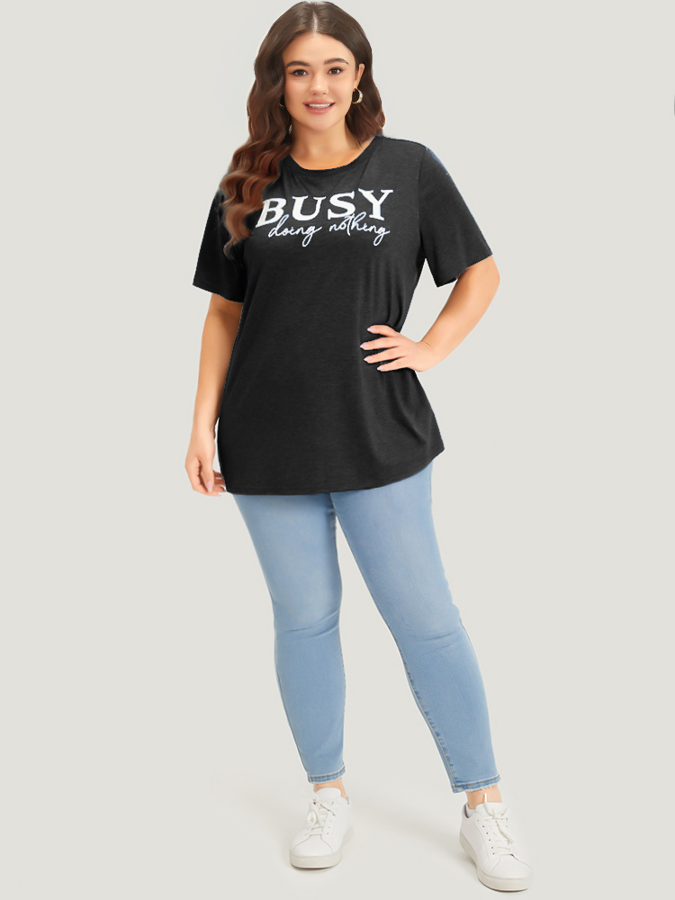 Plus Size Women Dailywear Letter Plain Regular Sleeve Short sleeve Round Neck Casual T-shirts BloomChic 