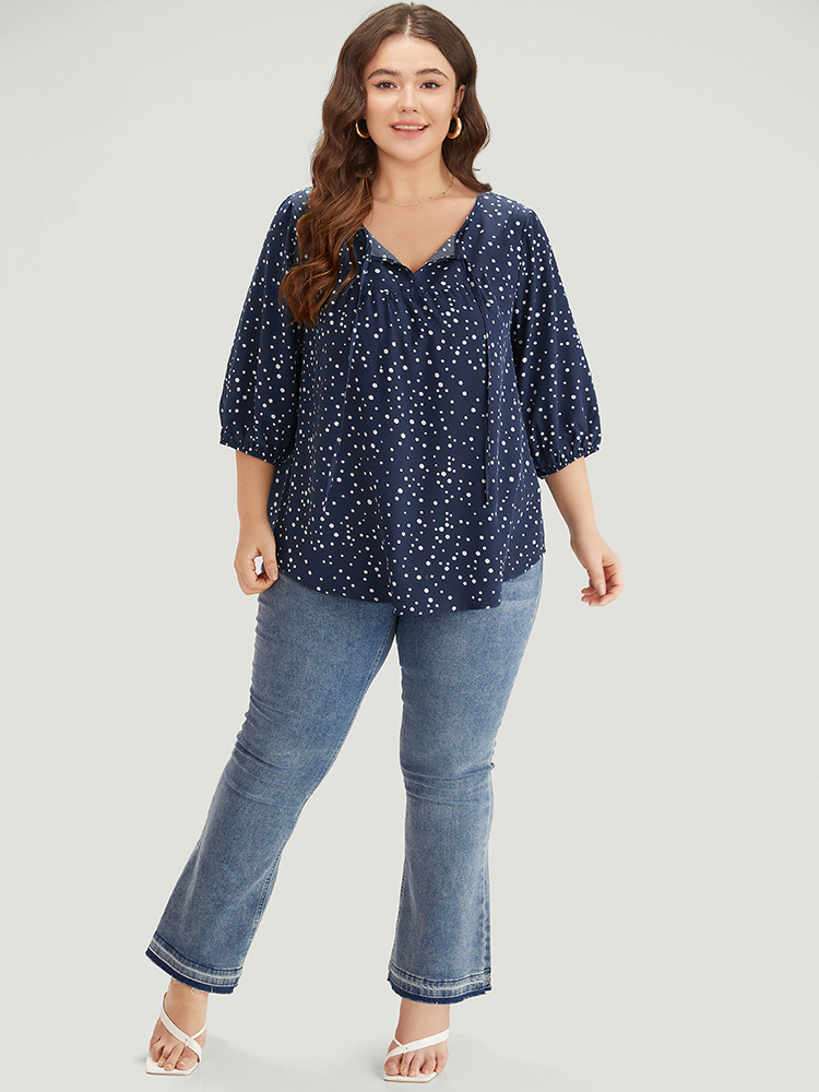 

Plus Size Indigo Polka Dot Knot Neck Arc Hem Blouse Women Elegant Elbow-length sleeve Tie Neck Dailywear Blouses BloomChic