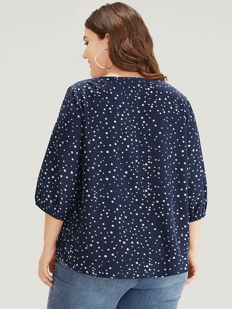 

Plus Size Indigo Polka Dot Knot Neck Arc Hem Blouse Women Elegant Elbow-length sleeve Tie Neck Dailywear Blouses BloomChic