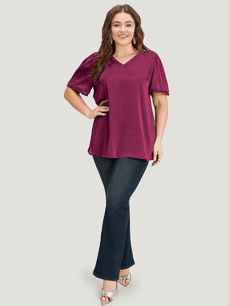 

Plus Size Purple Plain Cut Out V Neck Blouse Women Office Short sleeve V-neck Work Blouses BloomChic