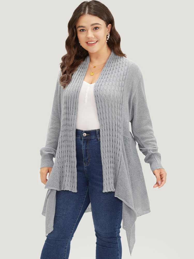 

Plus Size Cable Knit Open Front Asymmetrical Hem Cardigan DarkGray Women Casual Loose Long Sleeve Dailywear Cardigans BloomChic