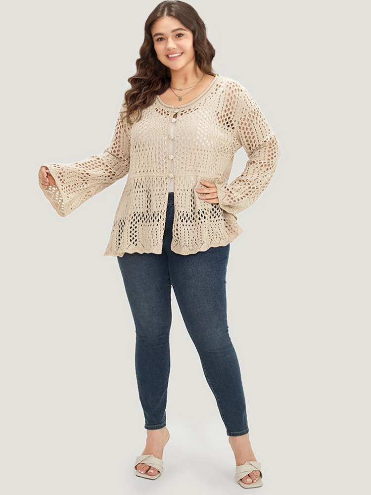Plus Size Plain Hollow Out Button Through Bell Sleeve Cardigan Beige Women Casual Loose Long Sleeve Everyday Cardigans BloomChic 22-24/3X 