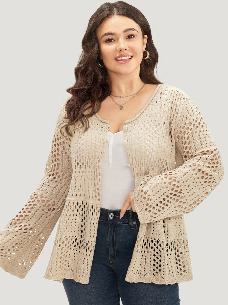 Plus Size Plain Hollow Out Button Through Bell Sleeve Cardigan Beige Women Casual Loose Long Sleeve Everyday Cardigans BloomChic 22-24/3X 