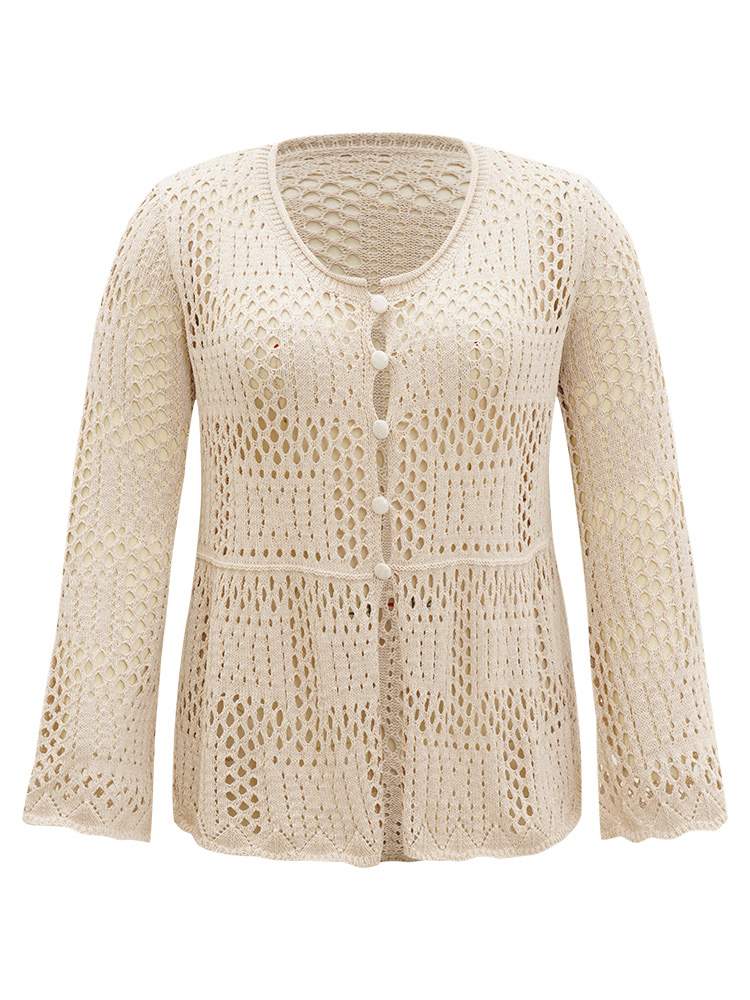 Plus Size Plain Hollow Out Button Through Bell Sleeve Cardigan Beige Women Casual Loose Long Sleeve Everyday Cardigans BloomChic 22-24/3X 